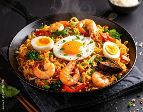 Sizzling Hotplate of Mee with Egg and Seafood Surrounded by Rising Steam on Dark Table Surface