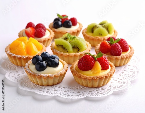 Mini Tarts with Custard and Fresh Fruit Toppings on a White Doily Against a Bright Background