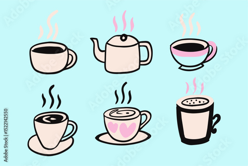 Cute Hand-Drawn Hot Drinks: Coffee, Tea, Latte Icons