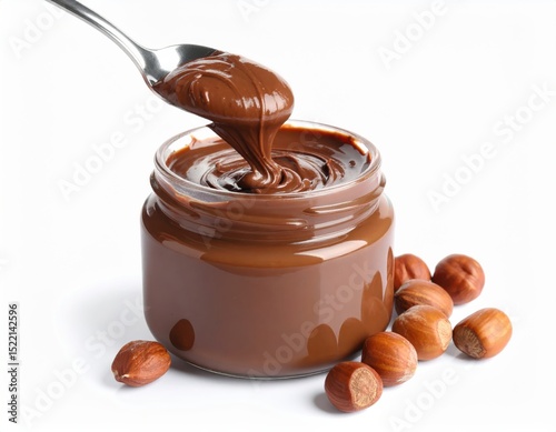 Spoonful of Chocolate Spread Being Lifted from a Jar with Hazelnuts on a White Background