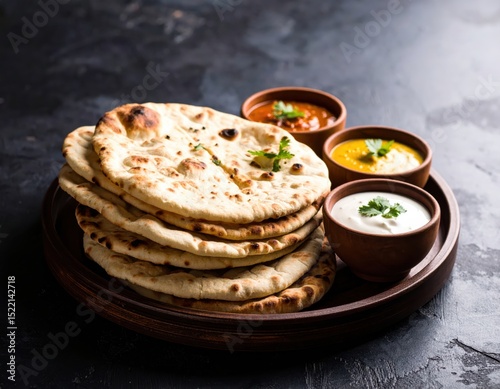 Delicious Stack of Naan Bread with Vibrant Dipping Sauces on Rustic Tray with Dark Background