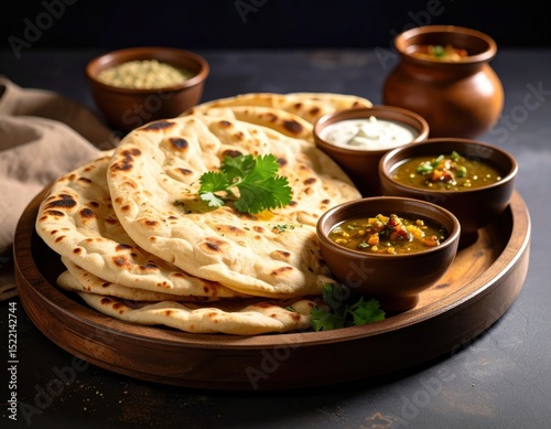 Stack of Naan Bread with Dipping Sauces on Rustic Tray Against Dark Background