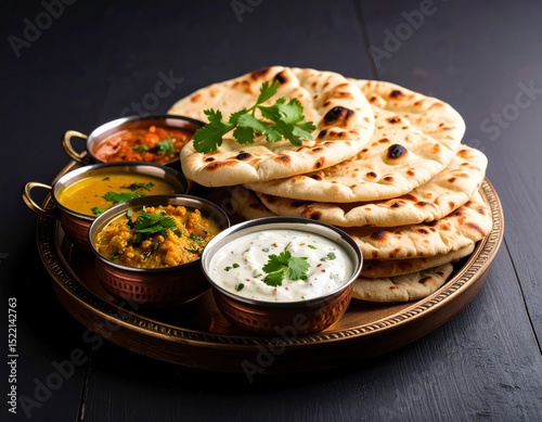 Stack of Naan Bread with Delicious Dipping Sauces in Rustic Bowls on Tray Dark Background