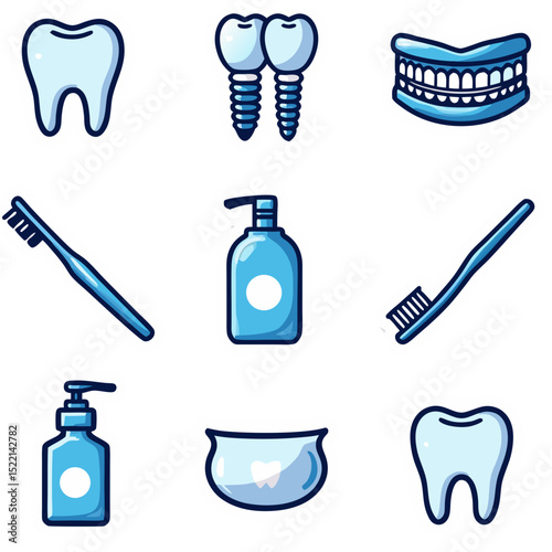 Illustrative Dental Care Elements: Teeth, Brushes, and Cleansing Products on Black
