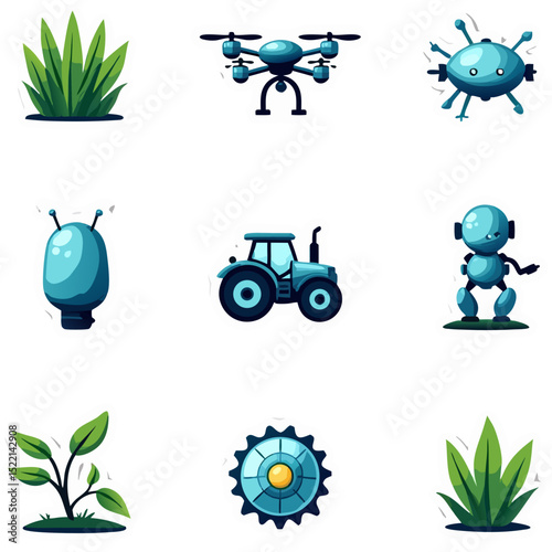 Illustrative Collection of Various Icons: Drone, Tractor, Plants, and Abstract Elements