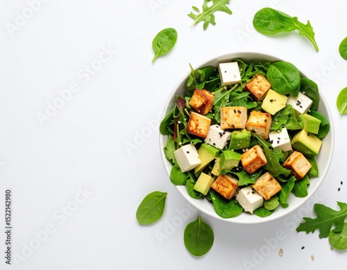 Fresh Tofu Salad Bowl with Avocado and Greens on a Clean Background for Healthy Eating