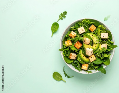 Fresh Tofu Salad with Avocado and Greens in a Bowl on Clean Background for Healthy Eating
