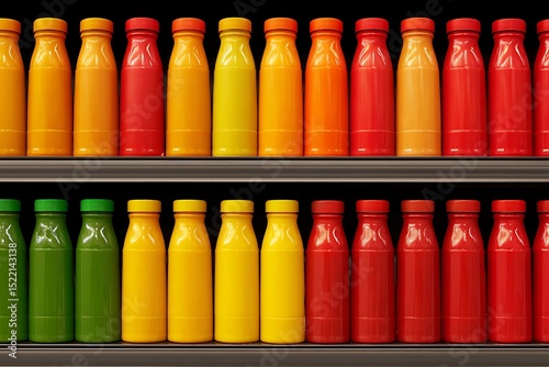 Identical condiment bottles filled with colorful sauces, neatly displayed on grocery shelf, label-free.