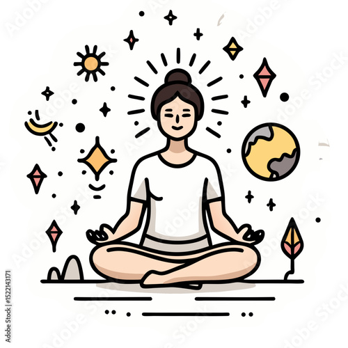 Meditating person surrounded by celestial elements, representing inner peace and enlightenment