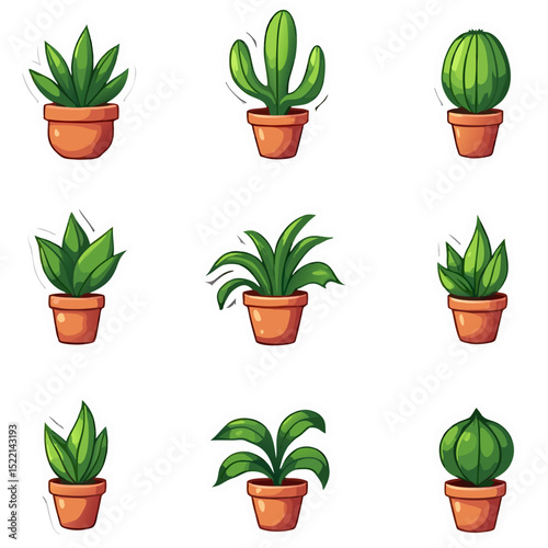 Collection of colorful illustrated potted plants on black background for decorative use