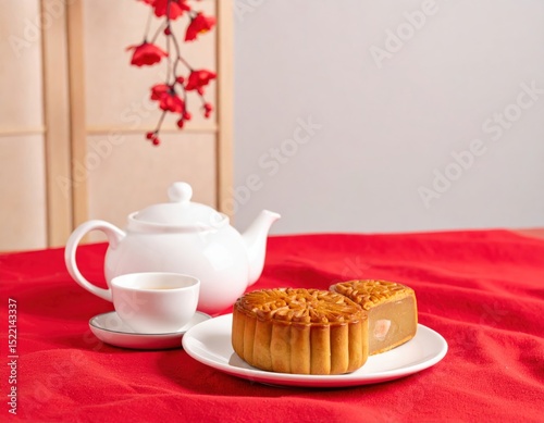 Traditional Chinese Mooncakes with Tea Set on Red Cloth for a Celebratory Setting