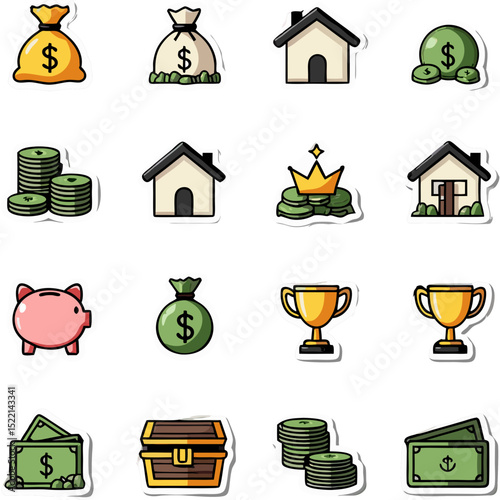 Collection of Financial and Wealth Icons: Money Bags, Houses, Piggy Bank, and Trophy with Black Background