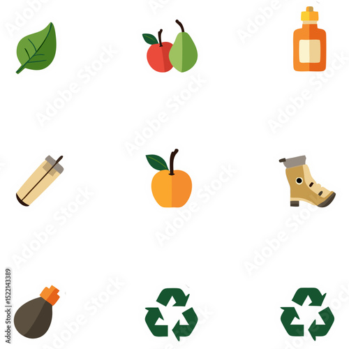 Collection of colorful and cute eco-friendly food and nature themed icons on black background