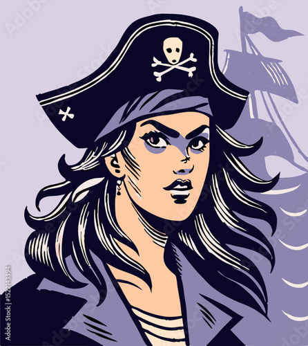 Female Pirate Captain Portrait, Comic Style Illustration