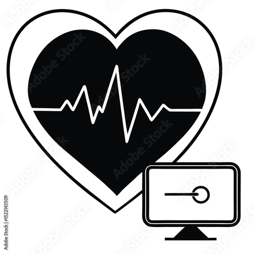 Heart Rate Monitoring Vector Illustration of Cardiac Rhythm on a Computer Screen