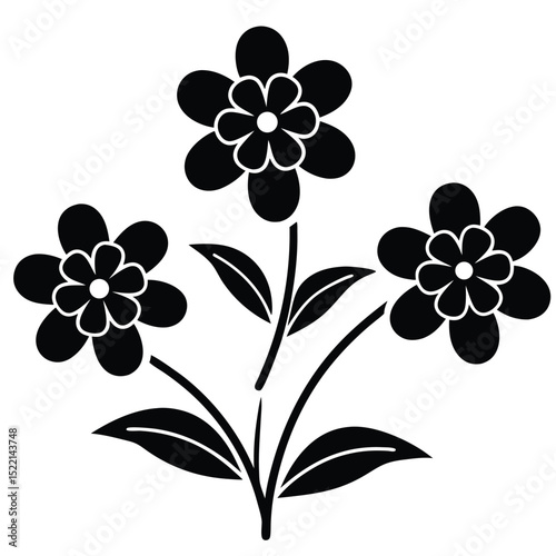 Three black silhouettes of simple flowers on stems