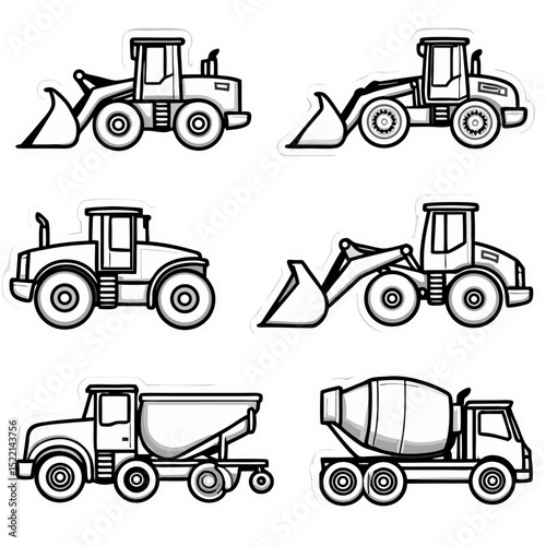 Collection of Construction Vehicles Icons in White on a Black Background for Design