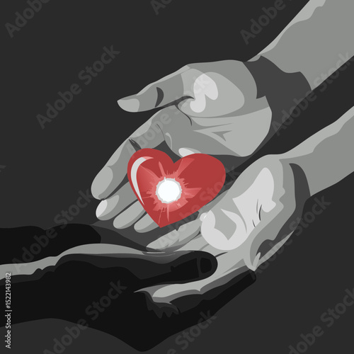 Hands presenting a glowing heart in a grayscale setting