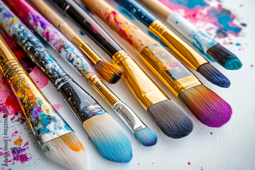 Obraz premium Variety of Paintbrushes in Artistic Composition with Bright Background Splatters
