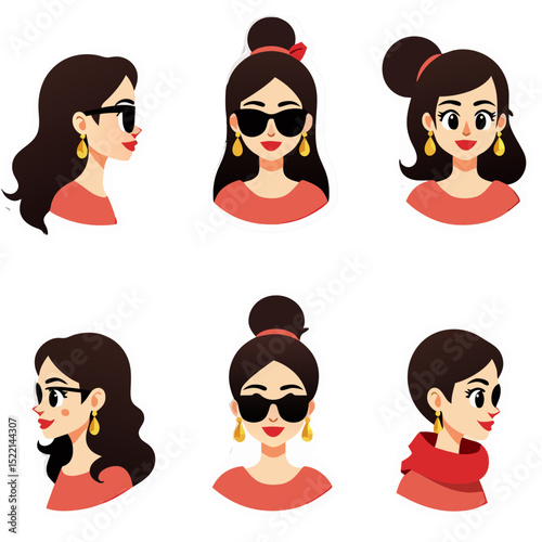 Artistic portraits of stylish women with sunglasses and various hairstyles on a black background