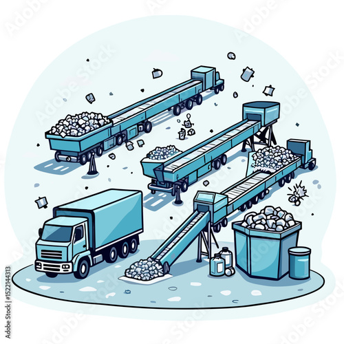 Illustration showcasing mining operations, depicting trucks, conveyor belts, and ore processing in a factory