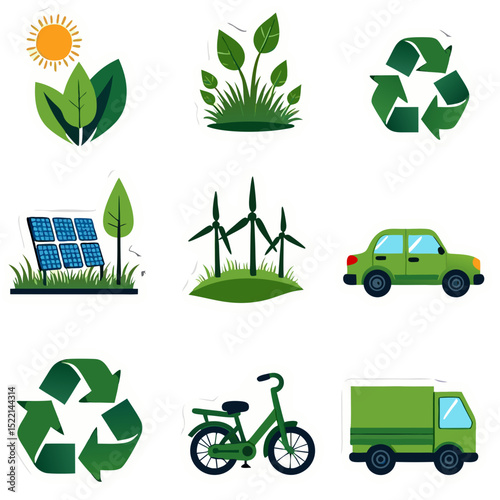 Collection of Ecology and Environmental Icons Represent Sustainable Energy and Eco-Friendly Lifestyle