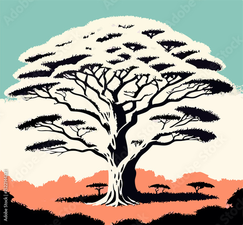 Stylized Acacia Tree Illustration, African Savanna Landscape Art