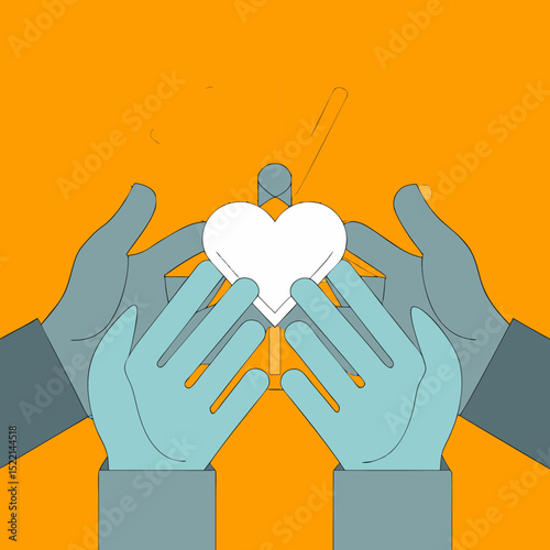 Two hands offering a white heart on an orange background