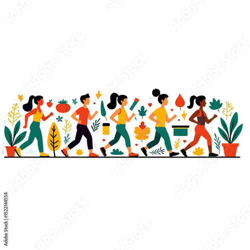 Illustration of diverse people jogging with various flora and small objects, isolated