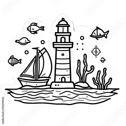 Illustration of a lighthouse with a sailboat, fish, and aquatic elements in a monochrome design