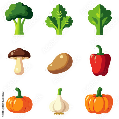 Collection of colorful cartoon vegetables stickers on a black background for decoration
