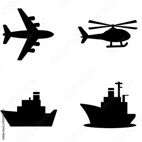 Transportation Icons: Airplane, Helicopter, Ship, and Vessel Silhouettes on Black Background