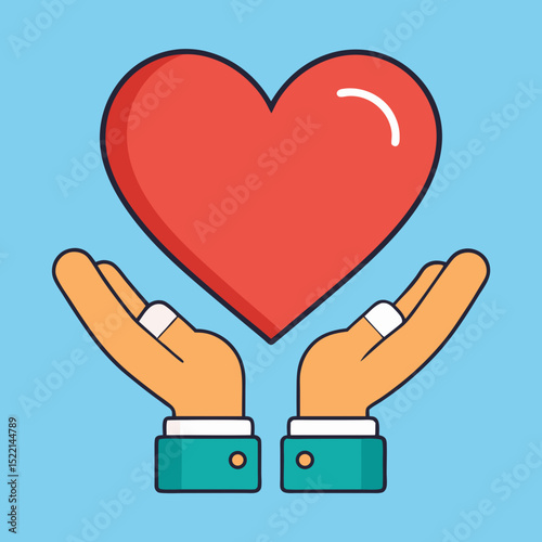 Hands holding a red heart shape against a blue background