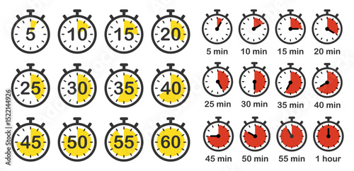 Timer, clock, stopwatch icon sign sign collection. 5-60 minute, seconds counter time logo shape set. Vector illustration image. Isolated on white background.
