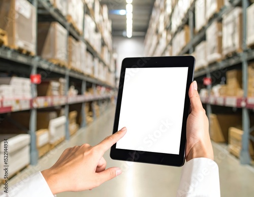 Engineer Holding Tablet with Floating Screen Projection in Blurred Warehouse Environment