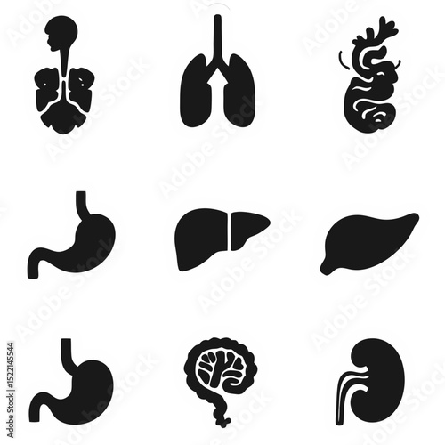 Illustrative icons of human organs displayed on a black background in a grid pattern