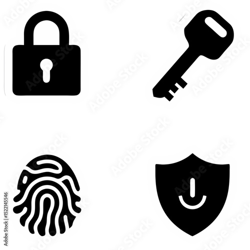 Security Icons: Lock, Key, Fingerprint, and Shield Representing Digital Safety