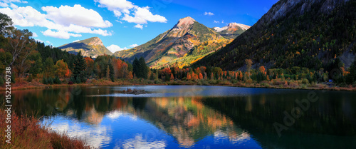 Scenic panoramic landscape of Beaver lake near Marble town, Colorado with mountain reflections under evening sun light