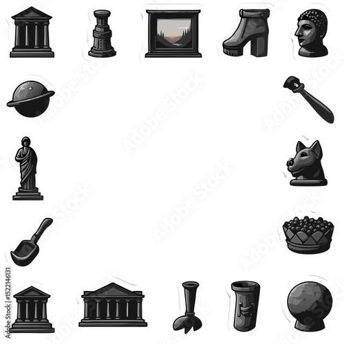 Collection of ancient roman and greek style illustration elements on black background