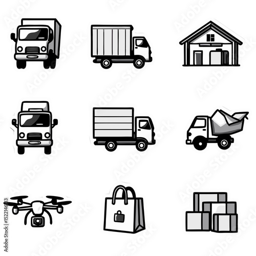 Collection of Delivery and Transportation Icons: Trucks, Warehouse, Drone, and Packages