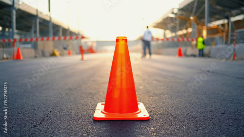Construction Zone: An orange traffic cone stands prominently on a newly paved asphalt road, surrounded by safety barriers and construction elements.