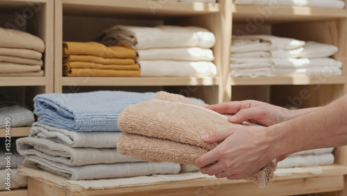 Cozy Towel Collection: The image features a person carefully arranging neatly folded beige towels on a shelf, showcasing a collection of other folded linens.