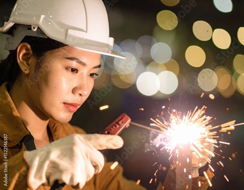 Welder Working in the Dark with Sparks Flying Against a Bokeh Background for Contrast