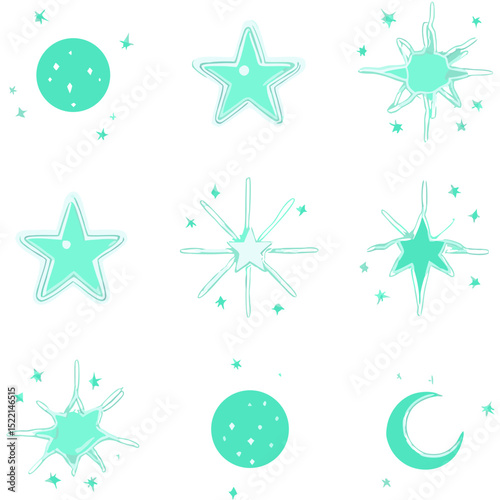 Illustration of various celestial bodies including stars, a moon, and a crescent moon