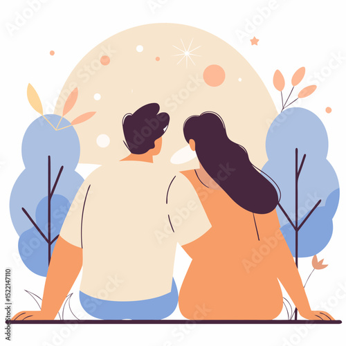 Lovers Under the Moon. A vector art with a white background. Generative AI.