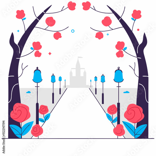 Romantic Pathway to Castle. A vector art with a white background. Generative AI.