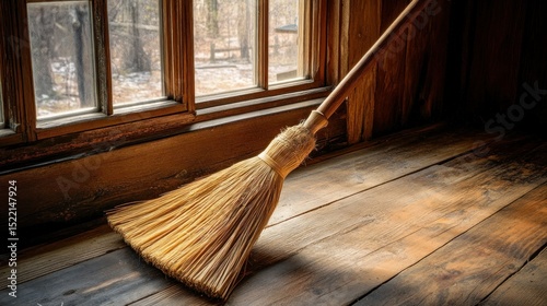 A broom leans against wooden floor near a window