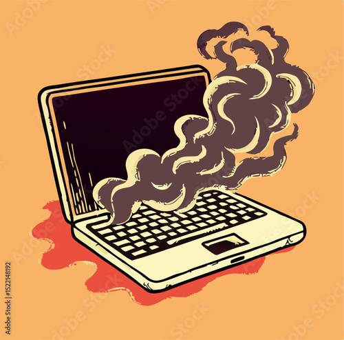 Smoking Laptop, Overheated Computer, Tech Failure Illustration