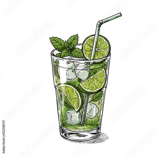 Fresh mojito cocktail with mint and lime in a glass with straw  