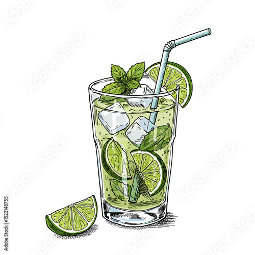 Refreshing mojito cocktail with mint and lime in a glass  
